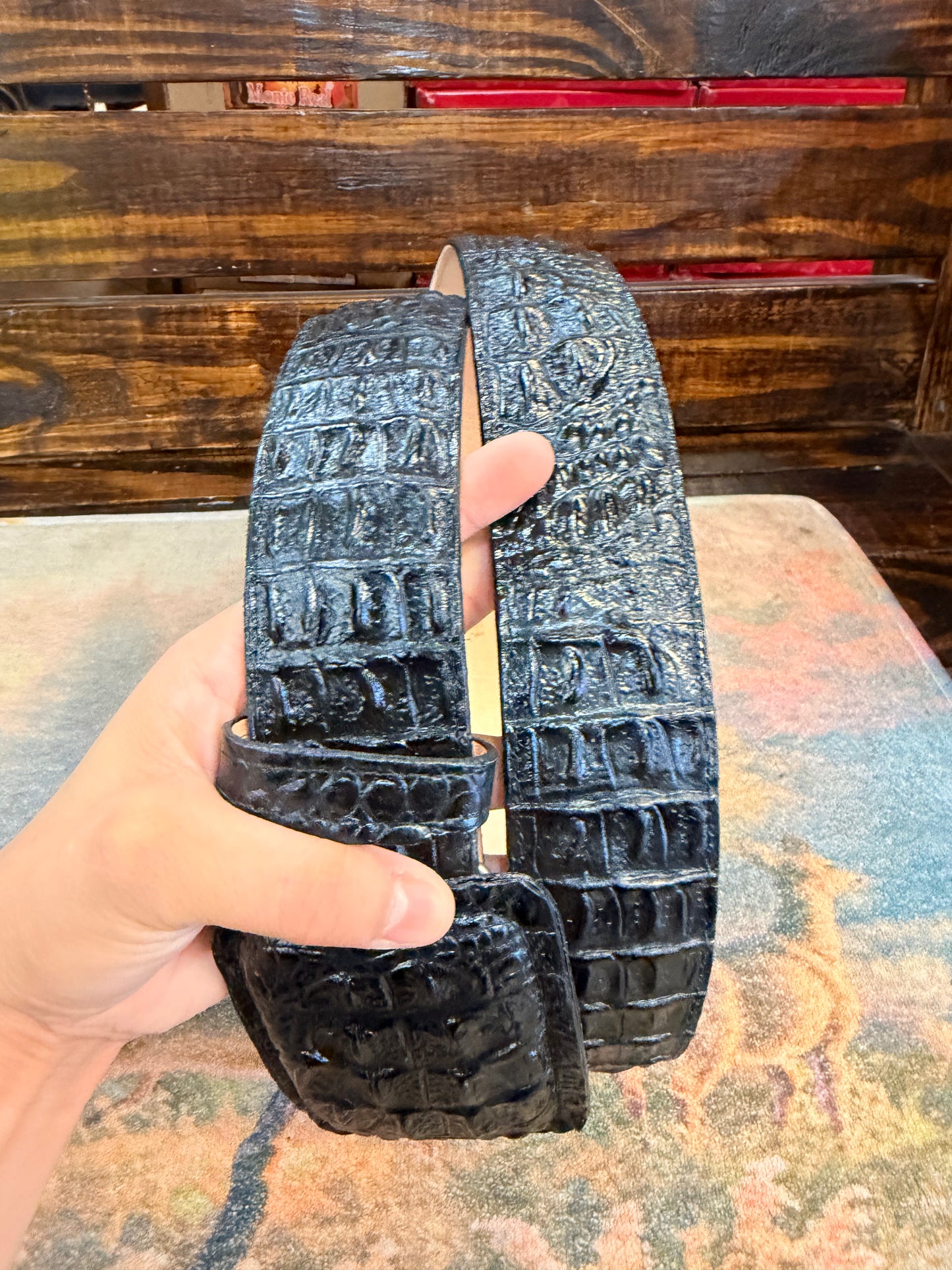 Black Crocodile-Embossed Western Belt