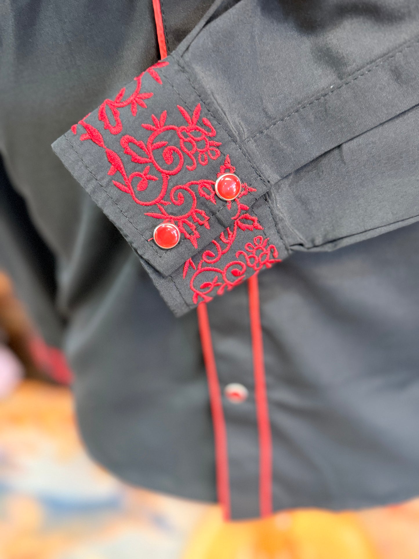 Big Kid’s Black Western Shirt with Red Embroidery