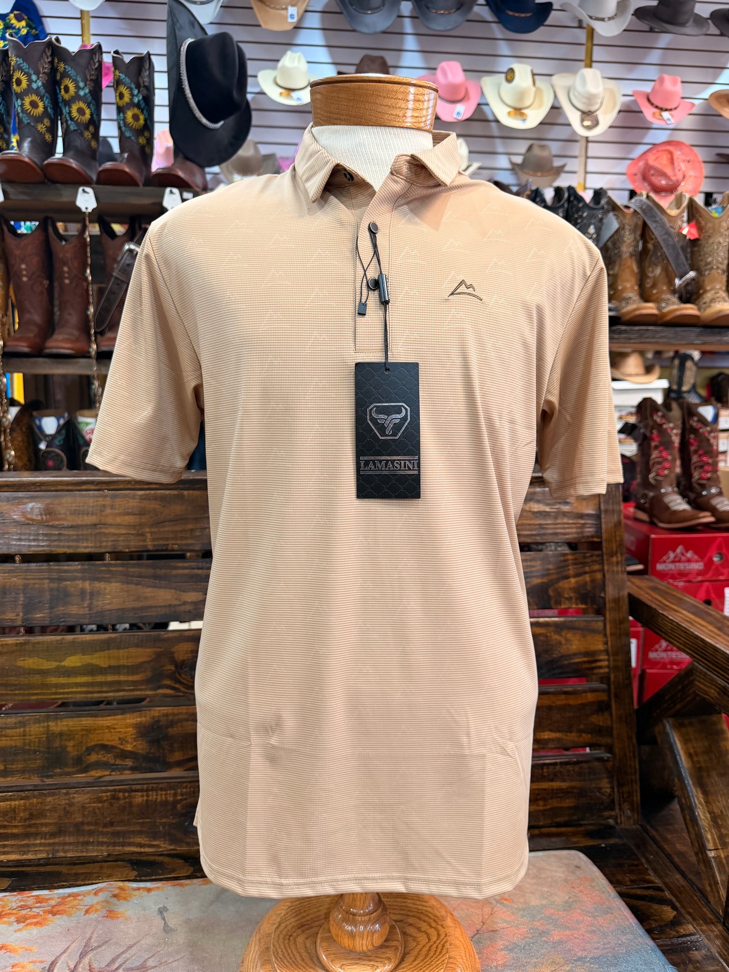 Men’s Mountain-Print Performance Polo (Tan)