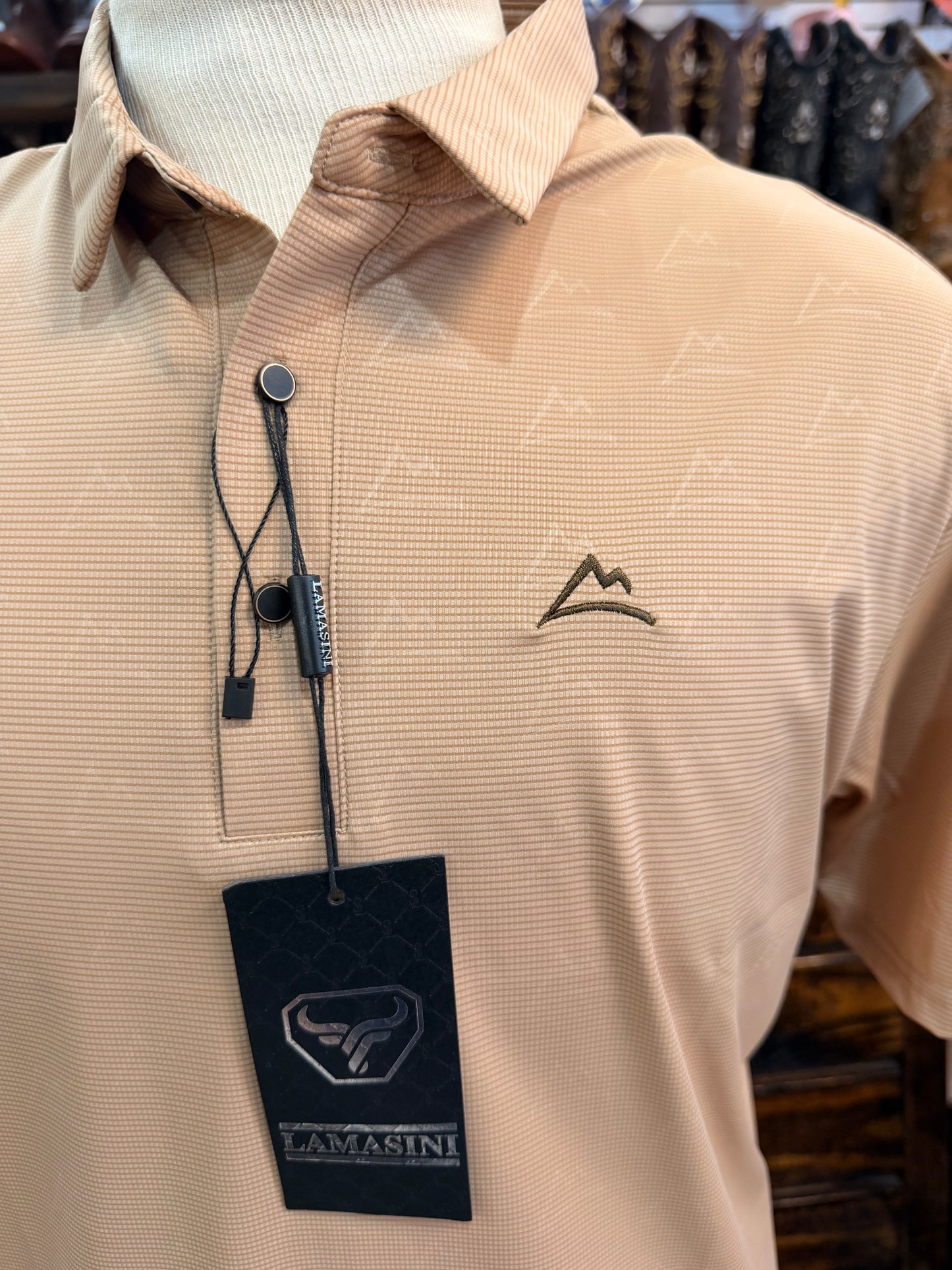 Men’s Mountain-Print Performance Polo (Tan)