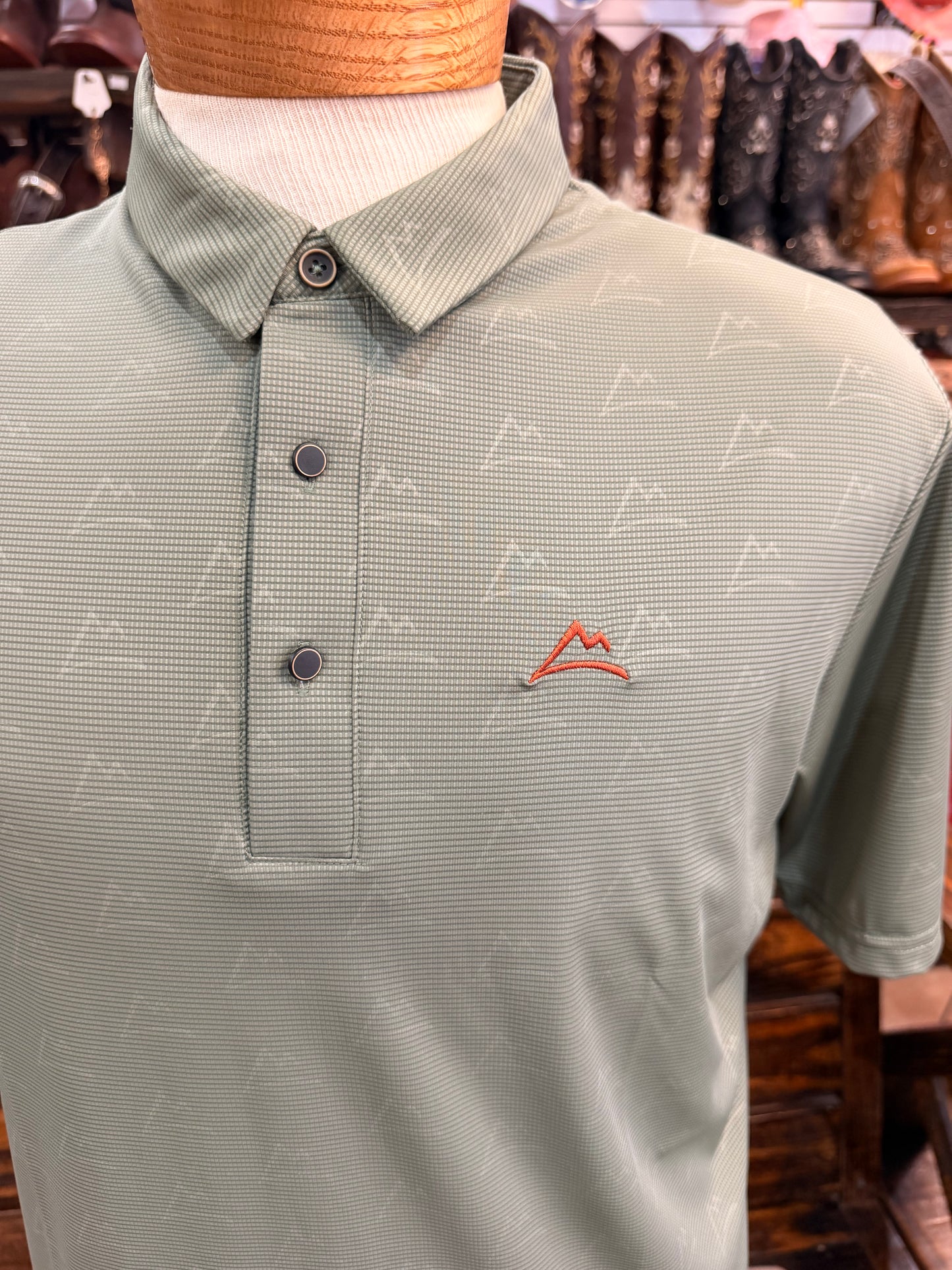 Men’s Mountain-Print Performance Polo (Sage Green)