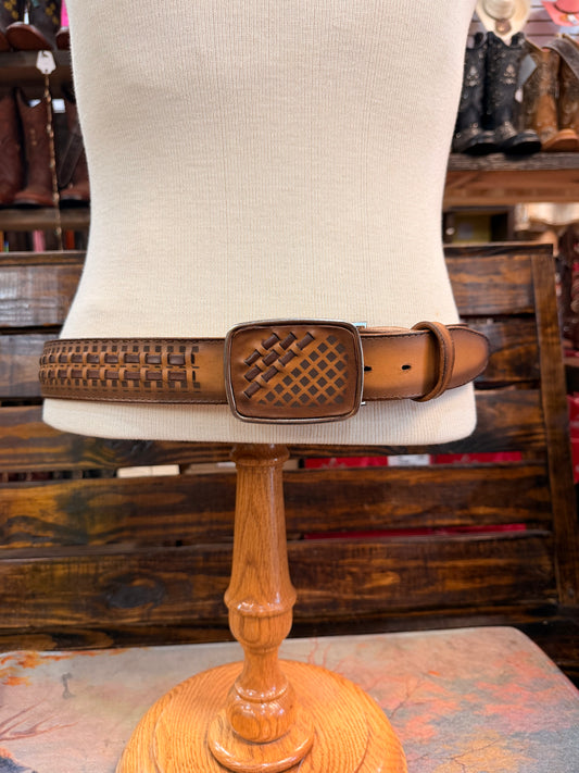Leather Western Belt with Woven-Inspired Buckle Design