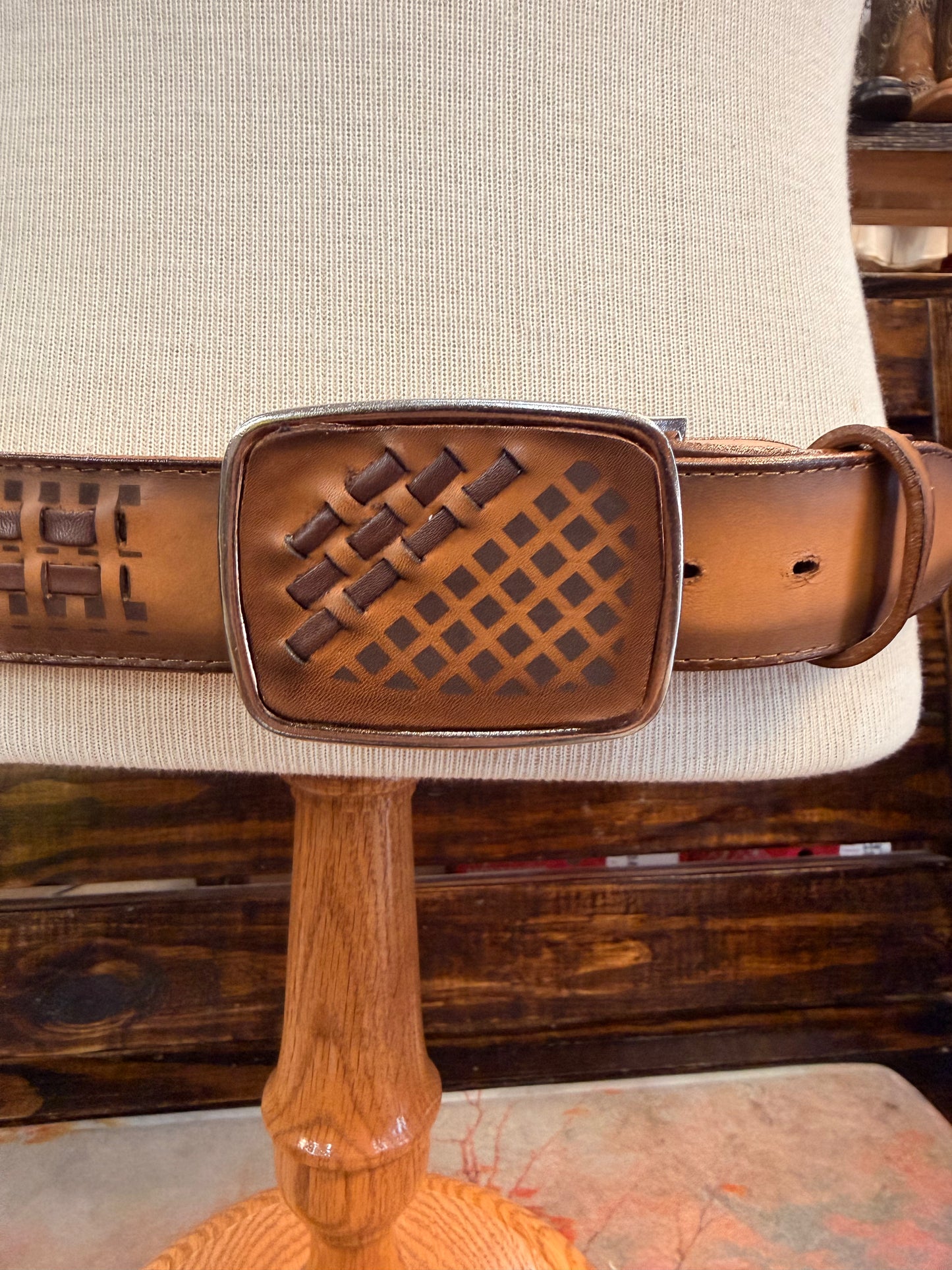 Leather Western Belt with Woven-Inspired Buckle Design