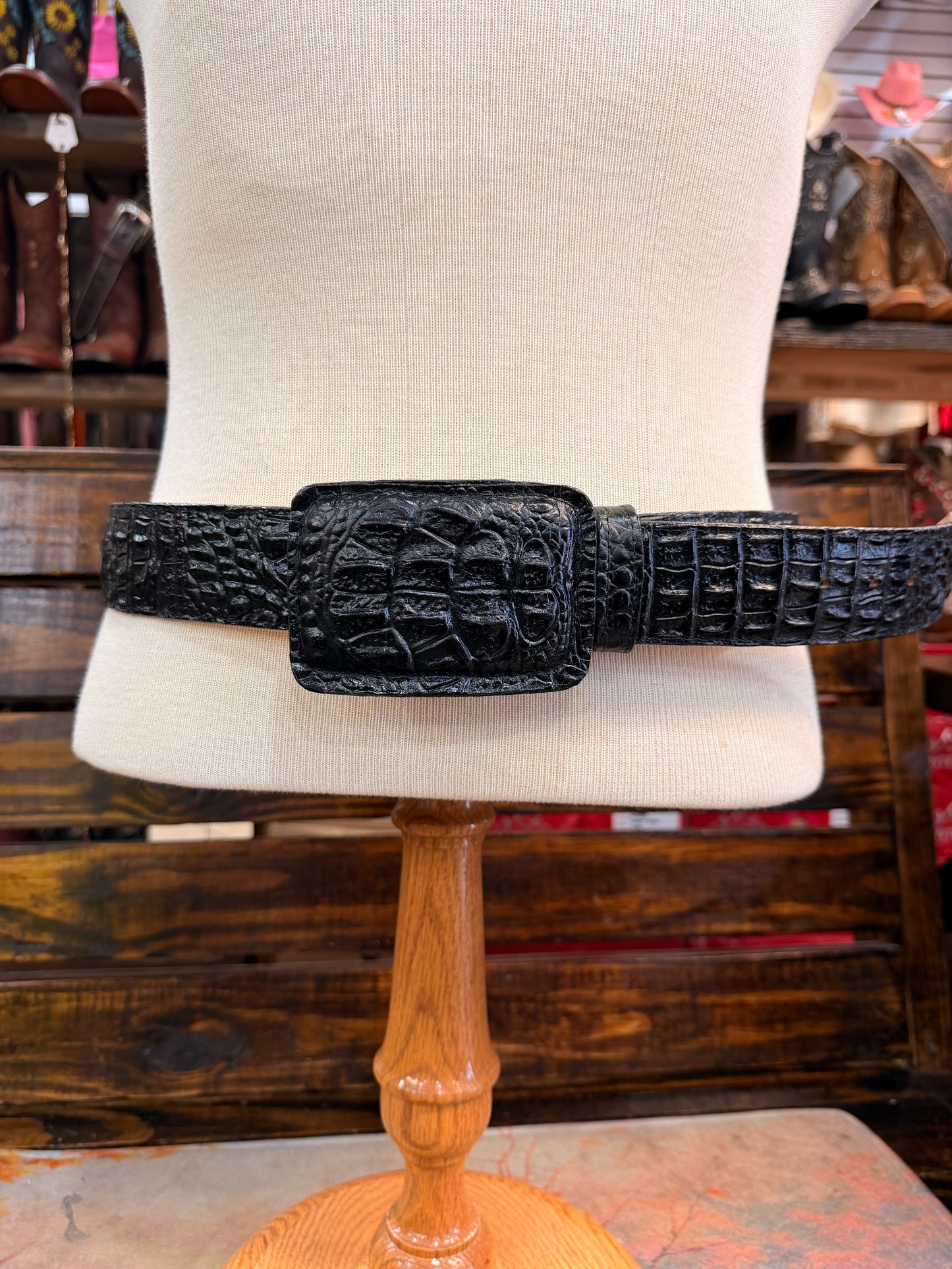 Black Crocodile-Embossed Western Belt