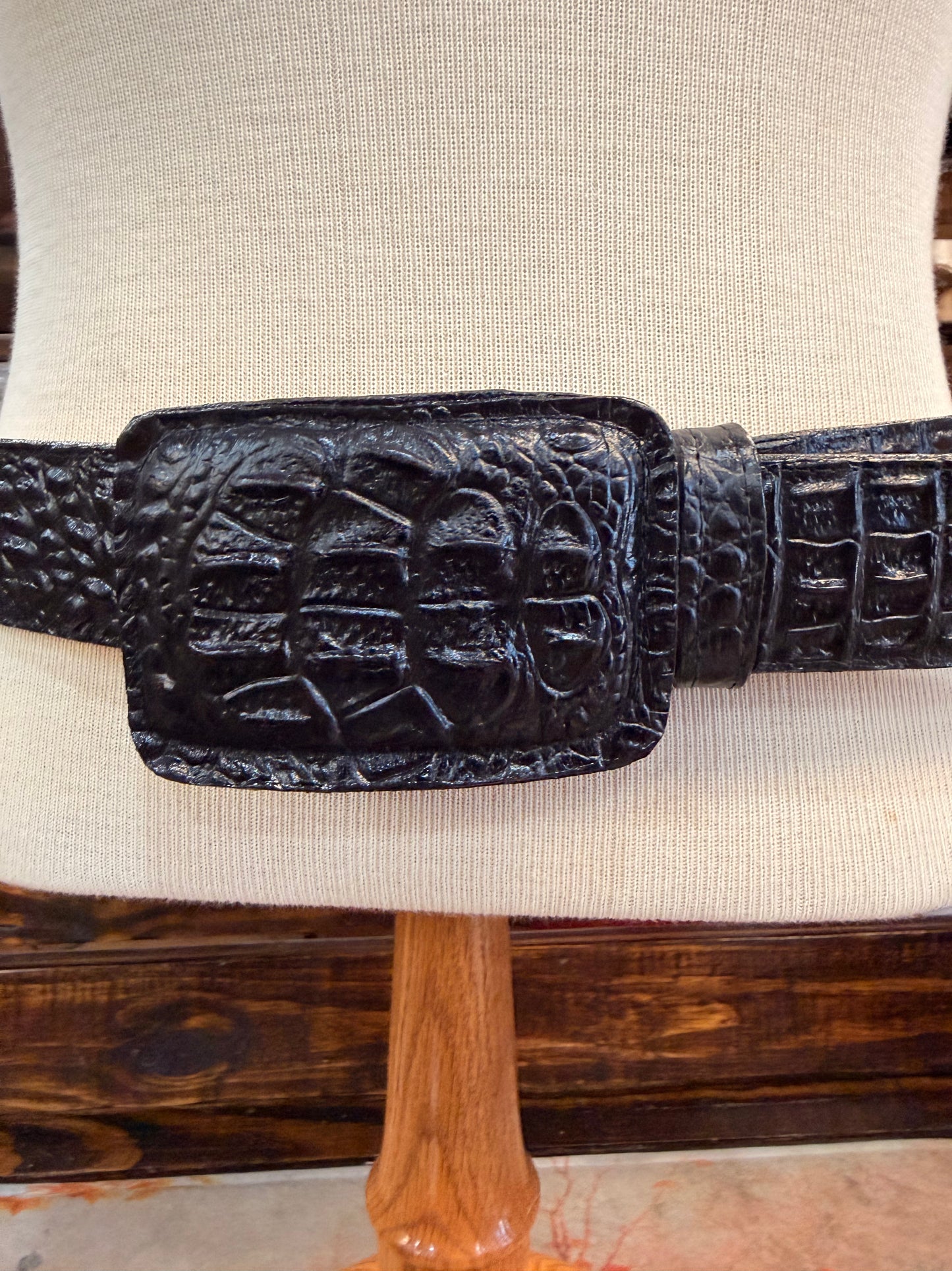 Black Crocodile-Embossed Western Belt
