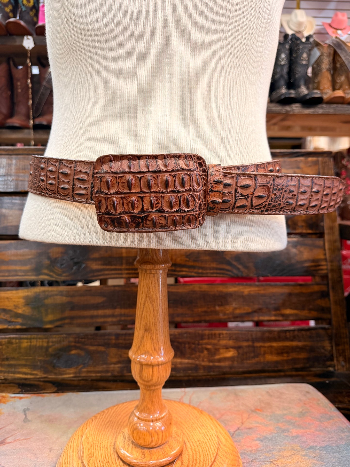 Cognac Crocodile-Embossed Western Belt