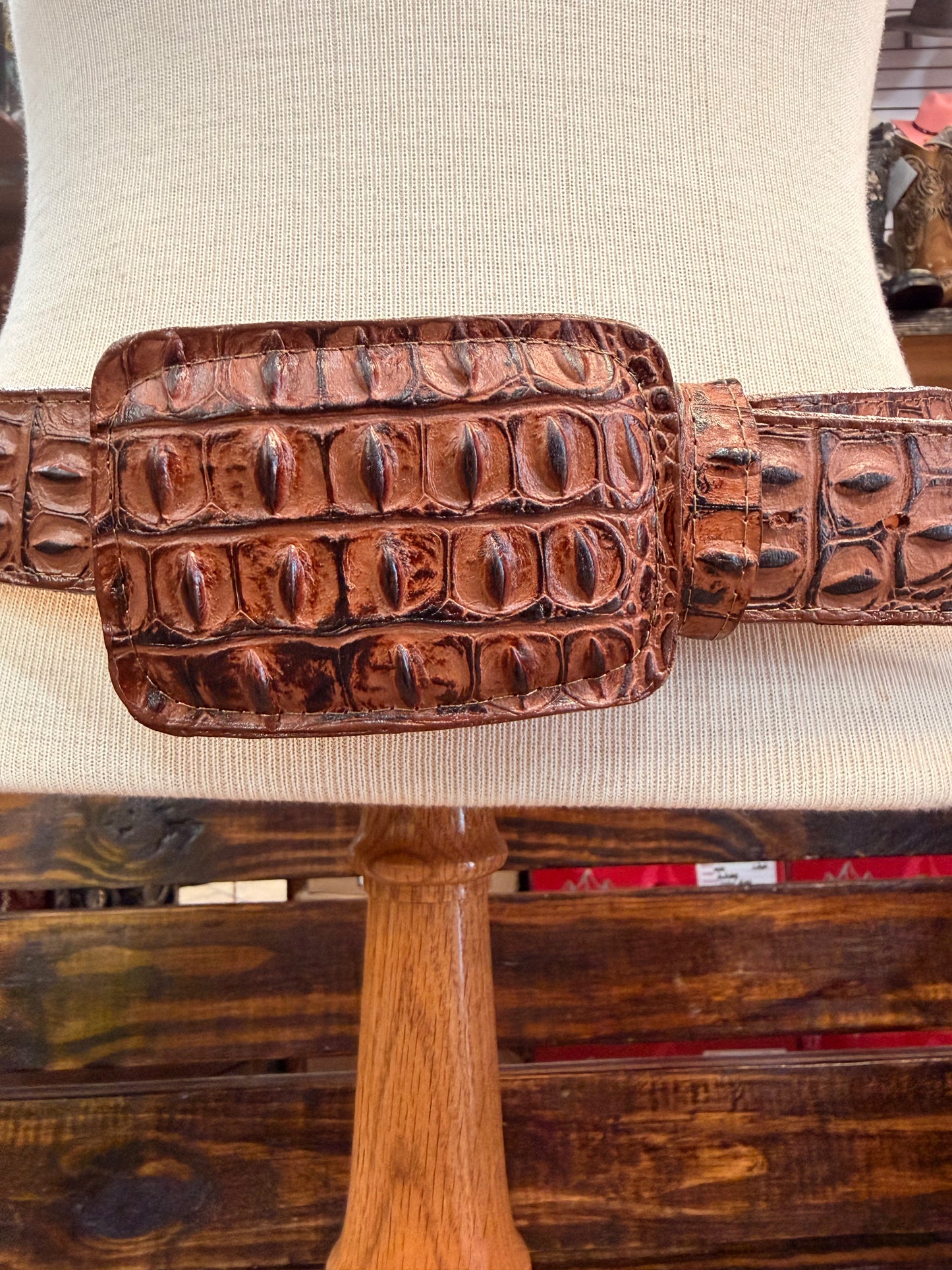 Cognac Crocodile-Embossed Western Belt
