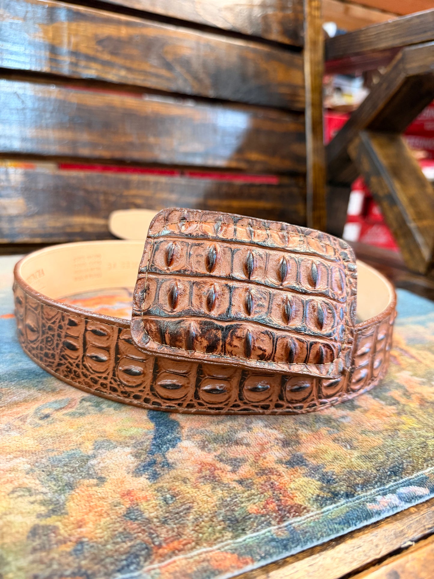 Cognac Crocodile-Embossed Western Belt
