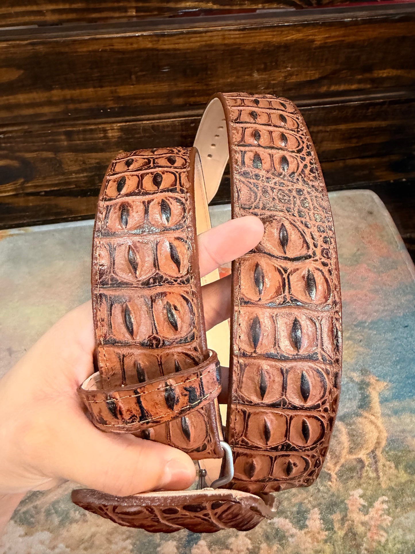 Cognac Crocodile-Embossed Western Belt