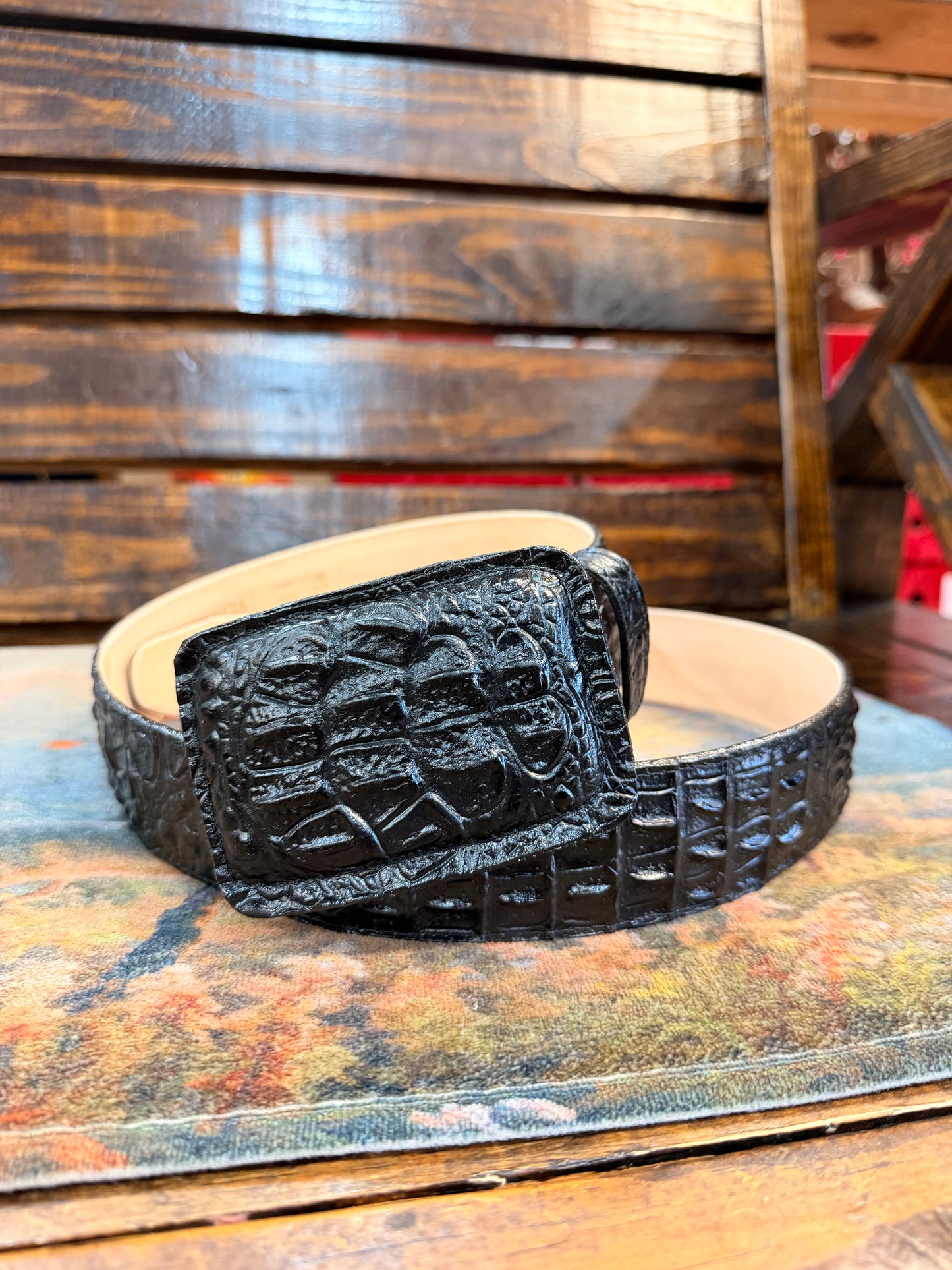 Black Crocodile-Embossed Western Belt