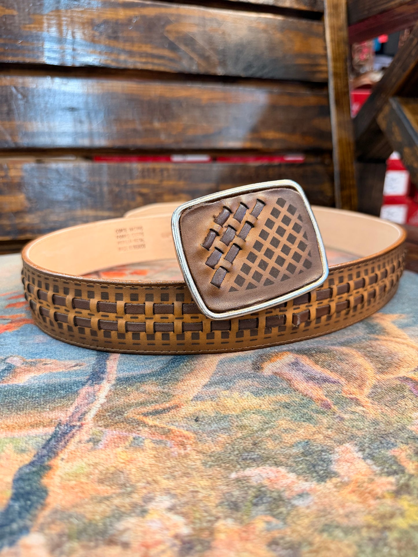 Leather Western Belt with Woven-Inspired Buckle Design