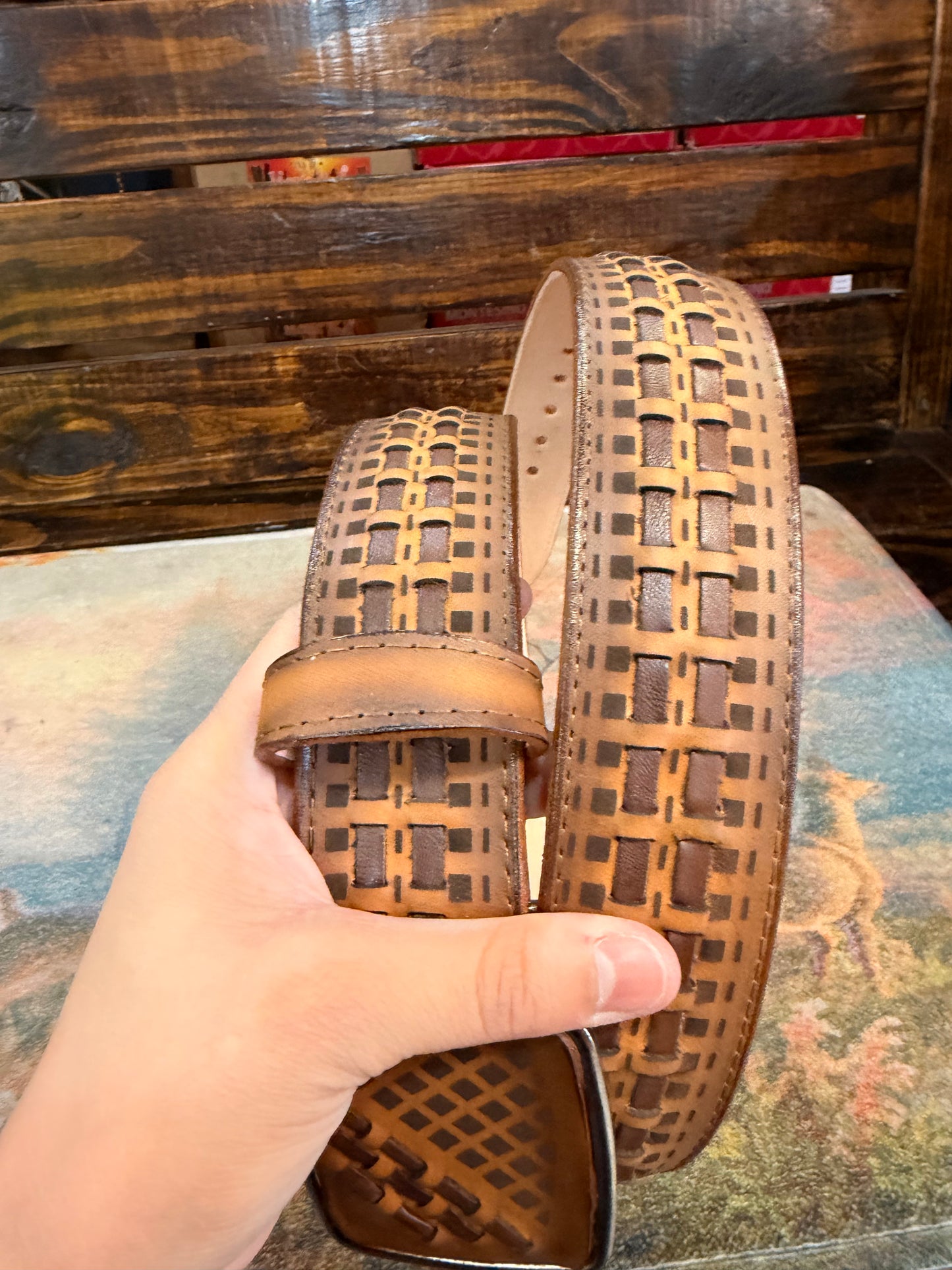 Leather Western Belt with Woven-Inspired Buckle Design