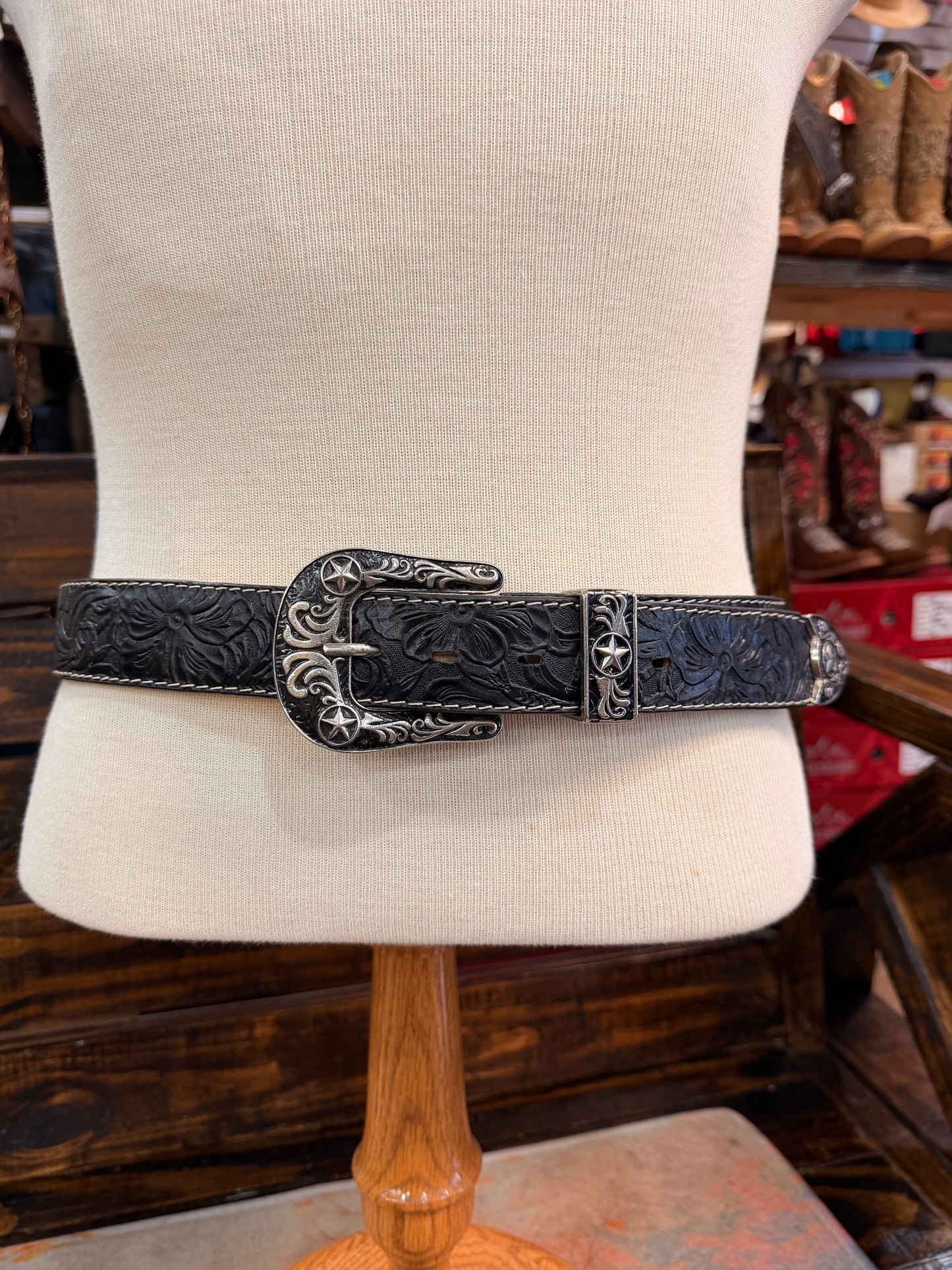 Black Floral Tooled Western Belt