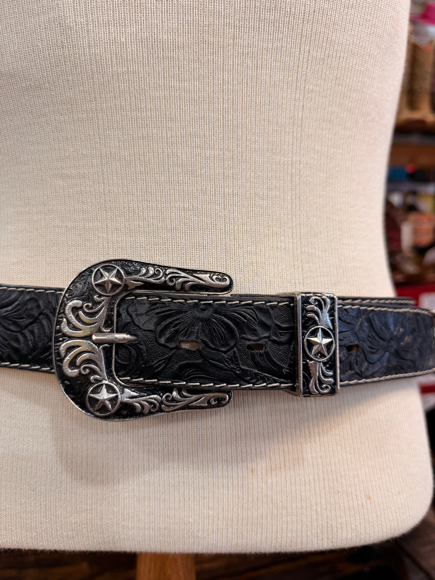 Black Floral Tooled Western Belt