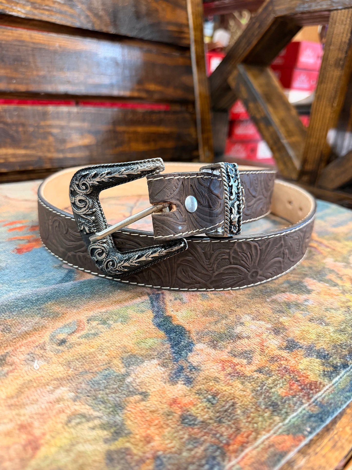 Brown Floral Tooled Western Belt