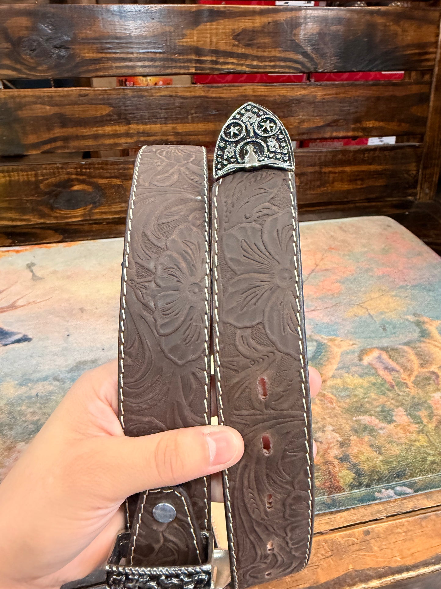 Brown Floral Tooled Western Belt