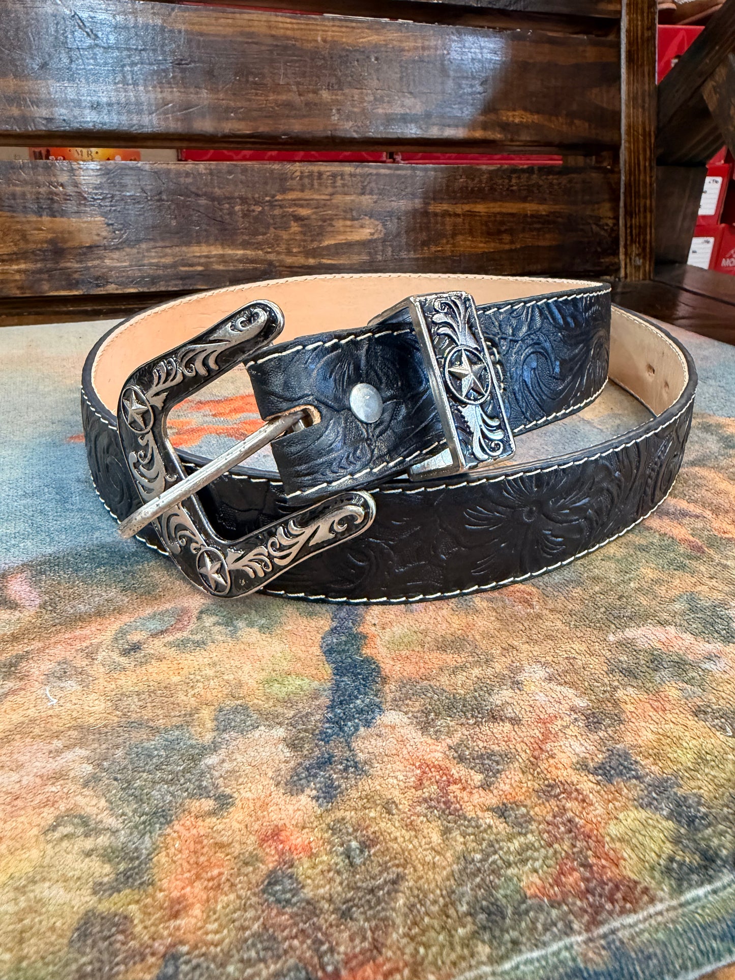 Black Floral Tooled Western Belt