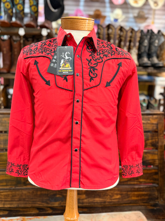 Big Kid’s Red Western Shirt with Black Embroidery