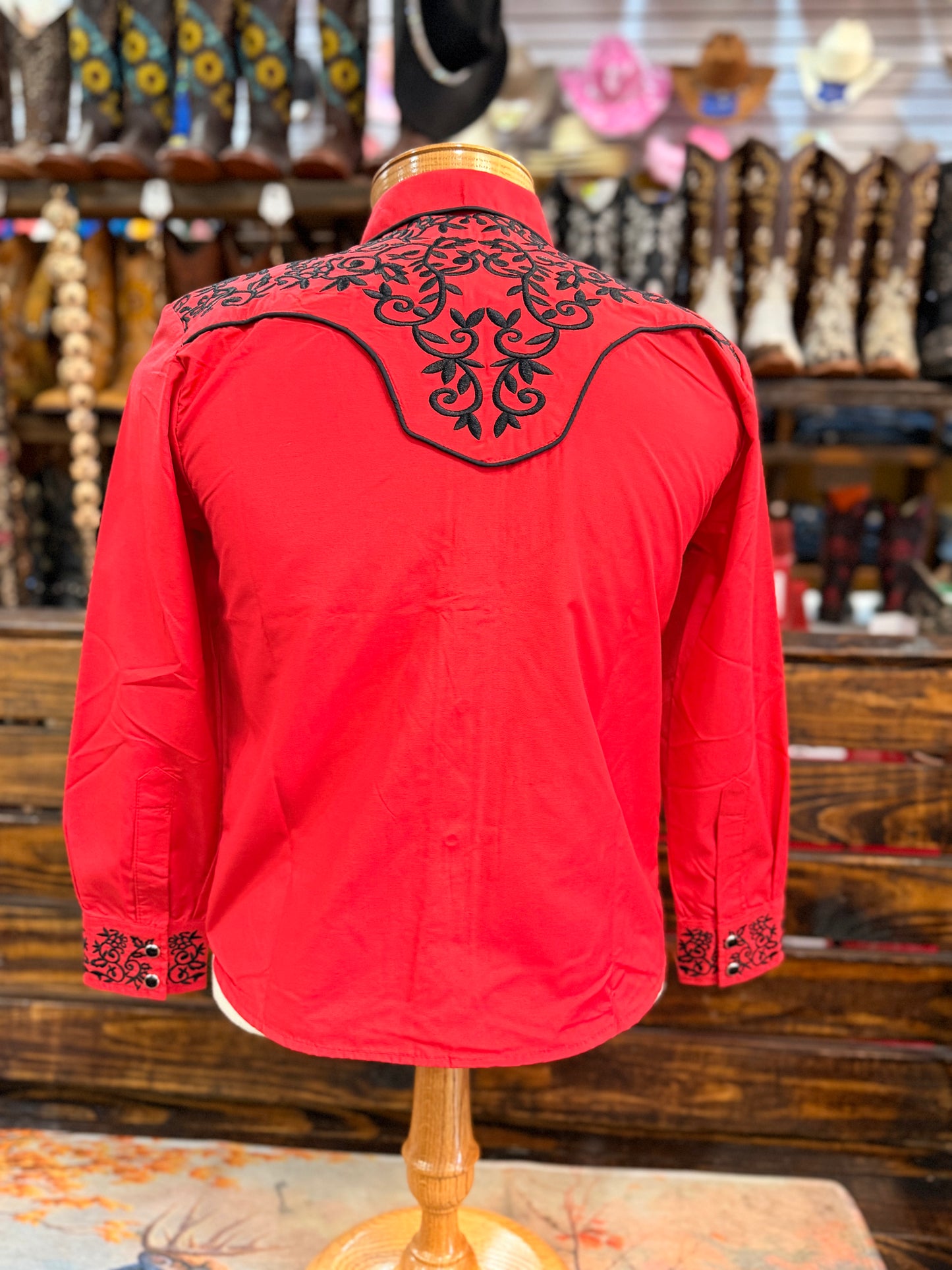Big Kid’s Red Western Shirt with Black Embroidery