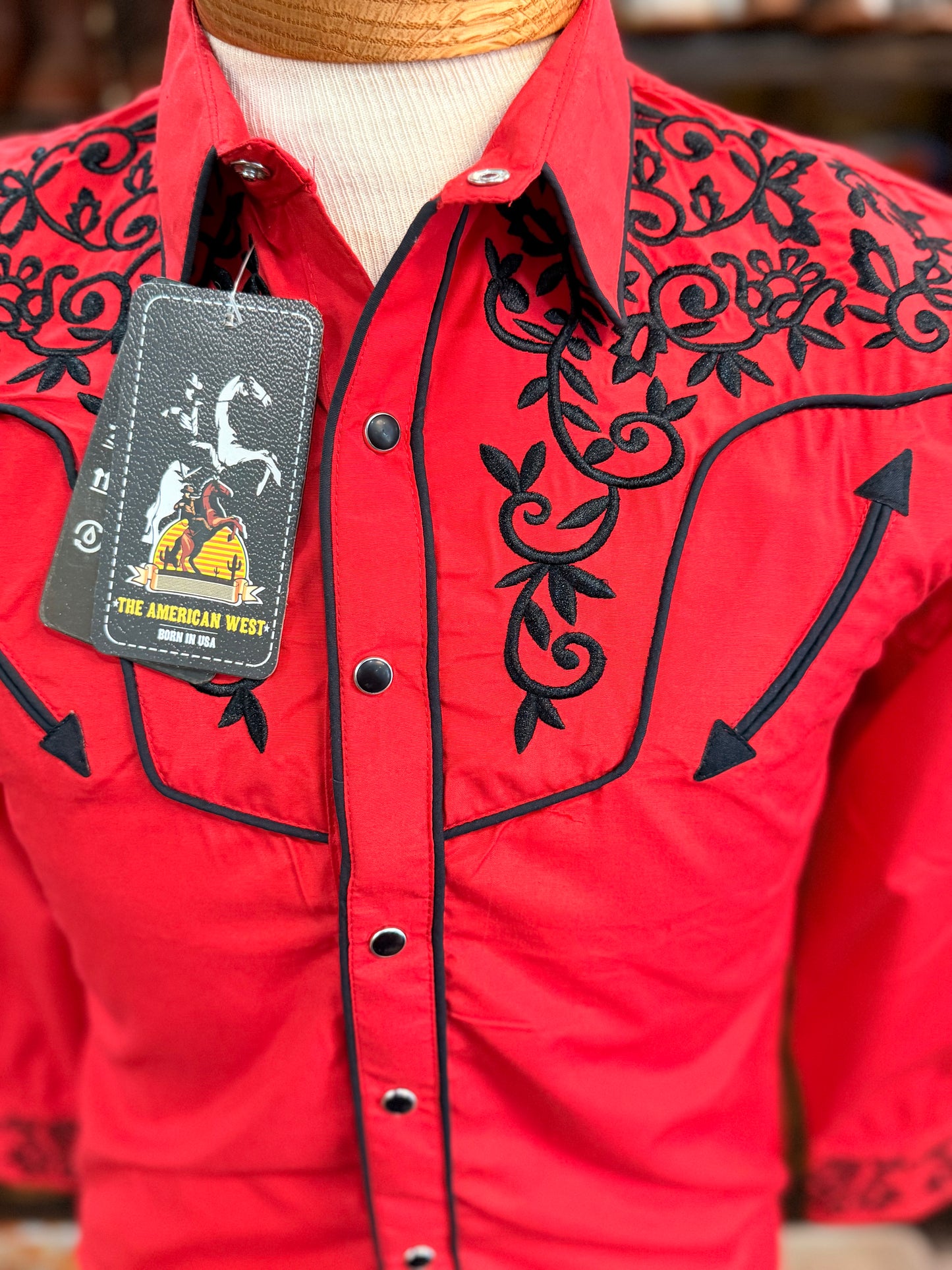 Big Kid’s Red Western Shirt with Black Embroidery