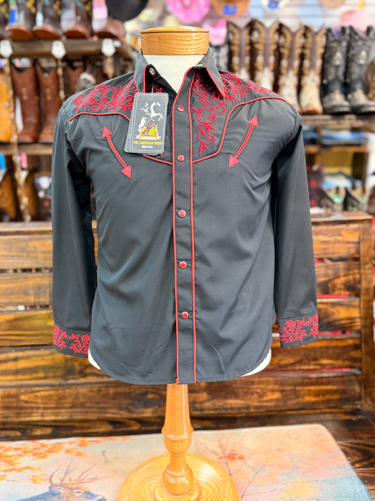 Big Kid’s Black Western Shirt with Red Embroidery