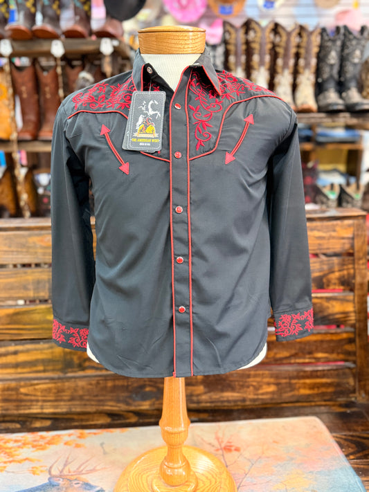 Big Kid’s Black Western Shirt with Red Embroidery