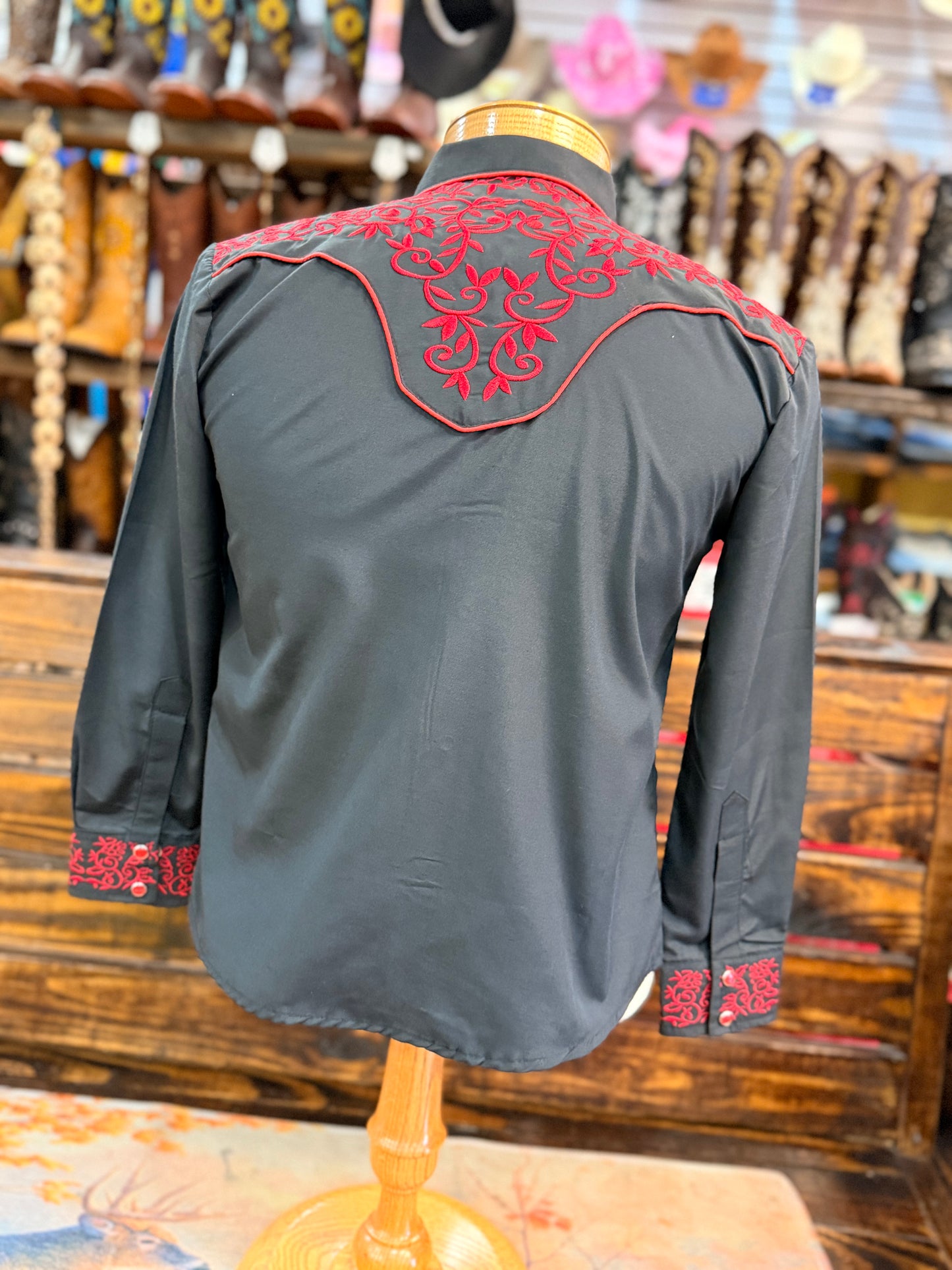Big Kid’s Black Western Shirt with Red Embroidery