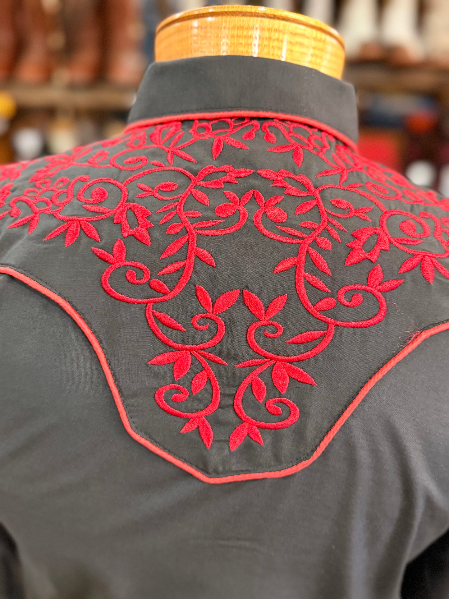 Big Kid’s Black Western Shirt with Red Embroidery