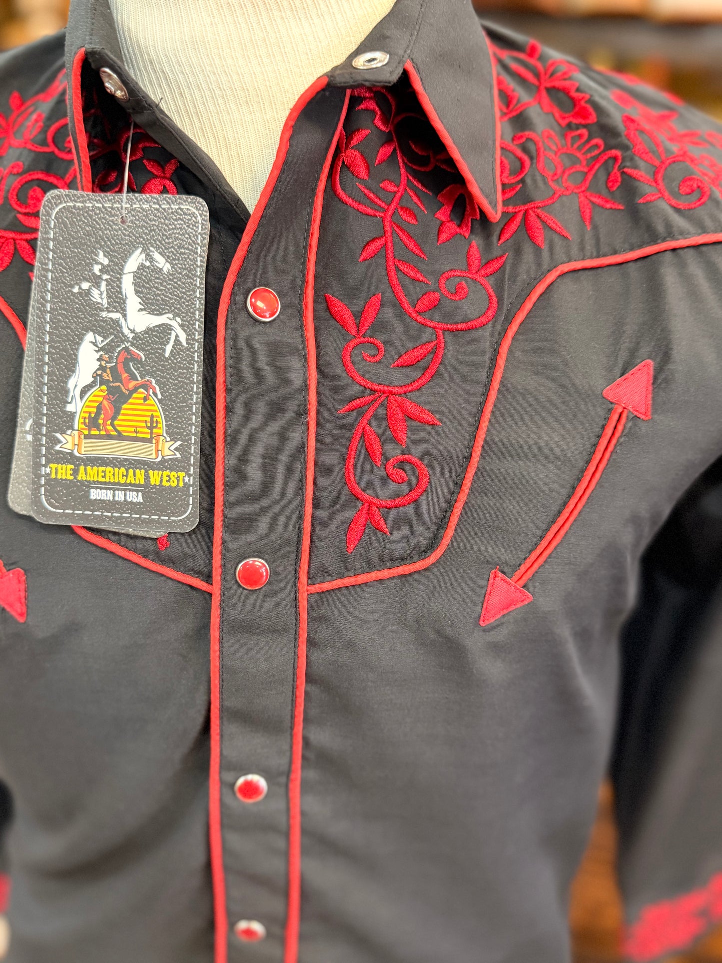 Big Kid’s Black Western Shirt with Red Embroidery